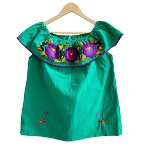 Mexican Green Floral Embroidery Hand Made Off The Shoulder Top Size XL